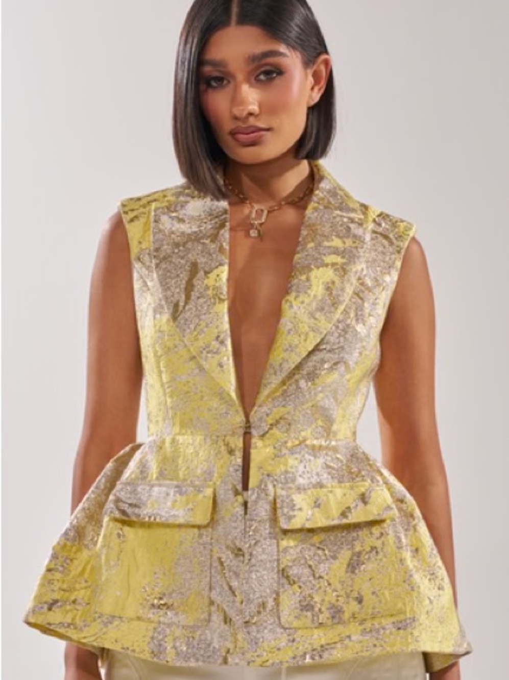 AKIRA Yellow Metallic Brocade Sleeveless Peplum Blazer